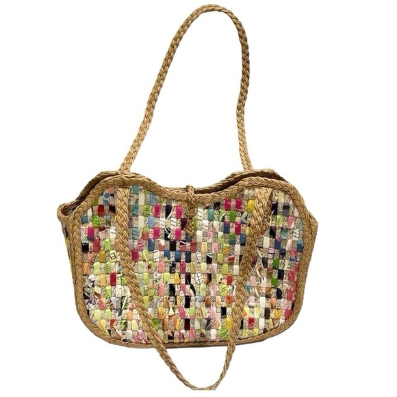 Hip Handwoven Multicolored Eco-friendly Recycled Hardshell Paper Handbag EUC - Picture 3 of 9